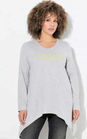 Ulla Popken T-Shirt Shirt Schriftmotiv A-Linie V-Ausschnitt Langarm