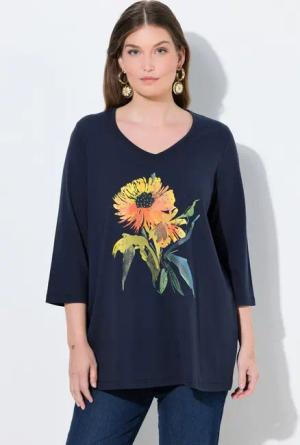Ulla Popken T-Shirt Shirt Sonnenblume A-Linie V-Ausschnitt 3/4-Arm