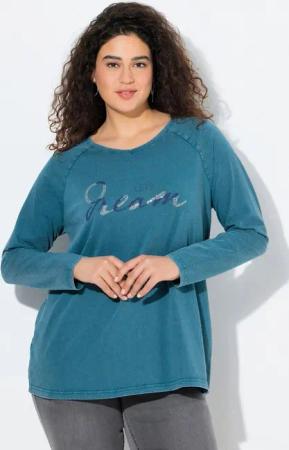 Ulla Popken T-Shirt Shirt Vintage-Look A-Linie V-Ausschnitt Langarm