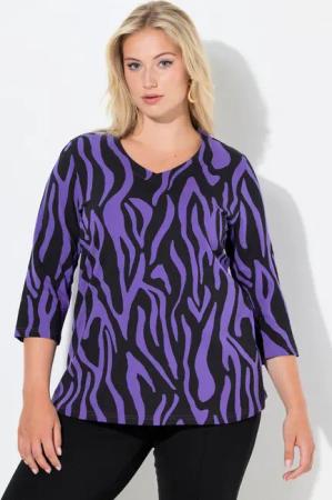 Ulla Popken T-Shirt Shirt Zebramuster Classic V-Ausschnitt 3/4-Arm
