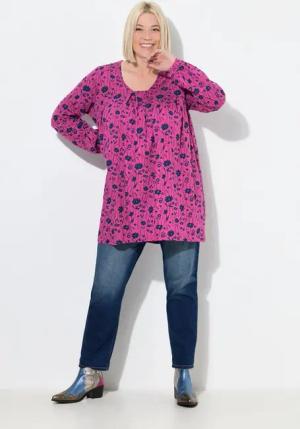 Ulla Popken T-Shirt Shirt Zierfalten A-Linie Carree-Ausschnitt Langarm