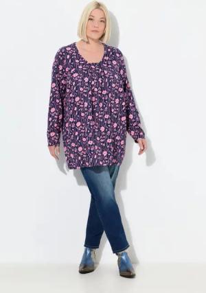 Ulla Popken T-Shirt Shirt Zierfalten A-Linie Carree-Ausschnitt Langarm