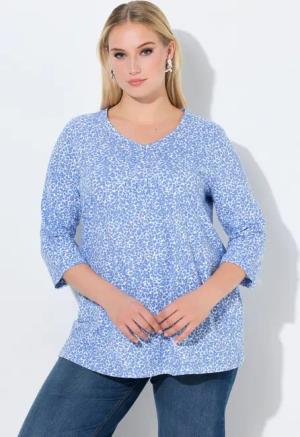 Ulla Popken T-Shirt Shirt Zierfalten A-Linie V-Ausschnitt 3/4-Arm