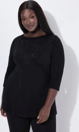 Ulla Popken T-Shirt Shirt Ziersteine U-Boot-Ausschnitt 3/4-Arm