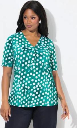 Ulla Popken T-Shirt Slinky-Shirt Tupfen Zierfalte V-Ausschnitt Halbarm