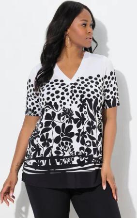 Ulla Popken T-Shirt Slinkyshirt Blüten V-Ausschnitt Zierfalte Halbarm