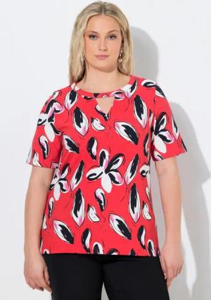 Ulla Popken T-Shirt T-Shirt Blüten Classic Keyhole Rundhals Halbarm