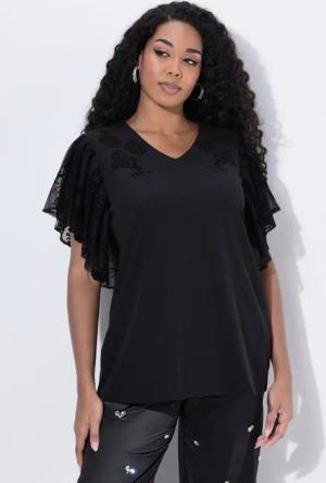 Ulla Popken T-Shirt T-Shirt Flockblüten V-Ausschnitt Flügel-Halbarm