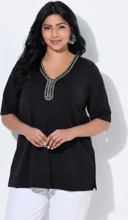 Ulla Popken T-Shirt T-Shirt geschmückter Ausschnitt A-Linie Halbarm