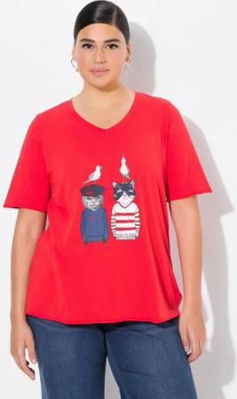 Ulla Popken T-Shirt T-Shirt Katzen A-Linie V-Ausschnitt Halbarm