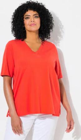 Ulla Popken T-Shirt T-Shirt Materialmix A-Linie V-Ausschnitt Halbarm