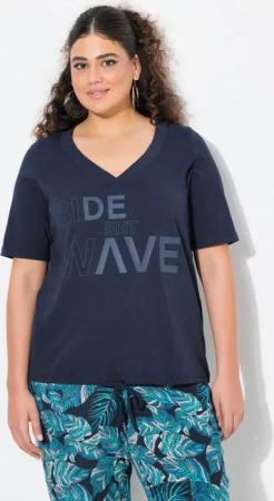 Ulla Popken T-Shirt T-Shirt Schriftdruck Saumband V-Ausschnitt Halbarm