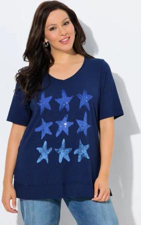 Ulla Popken T-Shirt T-Shirt Seesterne offenkantig V-Ausschnitt Halbarm