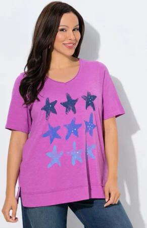 Ulla Popken T-Shirt T-Shirt Seesterne offenkantig V-Ausschnitt Halbarm