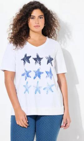 Ulla Popken T-Shirt T-Shirt Seesterne offenkantig V-Ausschnitt Halbarm