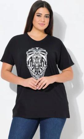 Ulla Popken T-Shirt T-Shirt Tiermotiv Oversized V-Ausschnitt Halbarm