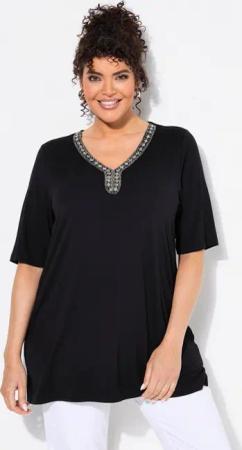 Ulla Popken T-Shirt T-Shirt Ziersteine A-Linie V-Ausschnitt Halbarm