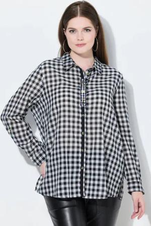 Ulla Popken Trachtenbluse Trachten-Karobluse Hemdkragen Langarm