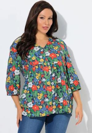 Ulla Popken Tunika Bluse Glitter Blüten A-Linie V-Ausschnitt 3/4-Arm