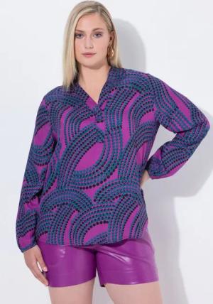 Ulla Popken Tunika Bluse Punkte Kelchkragen V-Ausschnitt Langarm