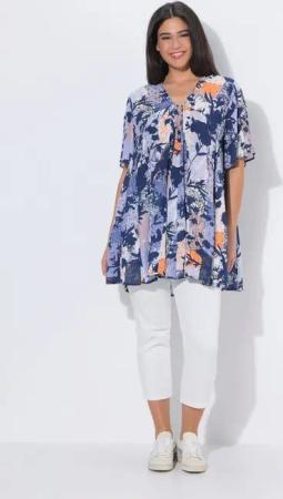 Ulla Popken Tunika Bluse Tiermuster A-Linie Carré-Ausschnitt Halbarm