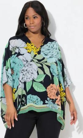 Ulla Popken Tunika Chiffon-Bluse Blüten Oversized V-Ausschnitt