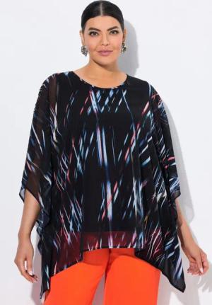 Ulla Popken Tunika Chiffon-Tunika Streifen Oversized Rundhals 3/4-Arm