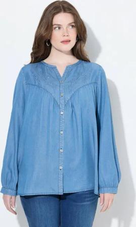 Ulla Popken Tunika Jeansbluse Stickerei A-Linie V-Ausschnitt Langarm