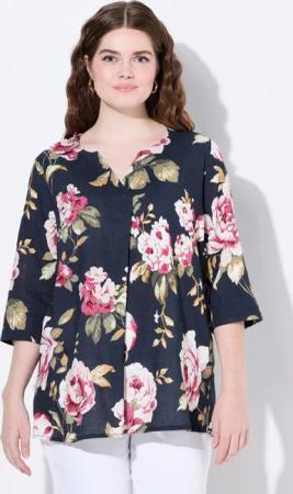 Ulla Popken Tunika Leinenmix-Bluse A-Linie Tunika-Ausschnitt 3/4-Arm