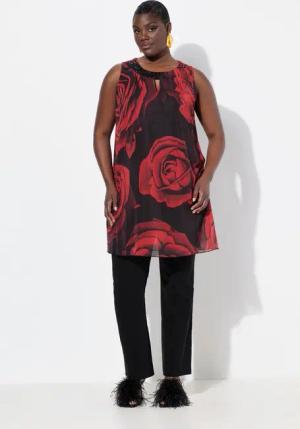 Ulla Popken Tunika Long-Tunika Rosen A-Linie Rundhals ärmellos