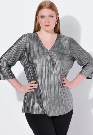 Ulla Popken Tunika Plissee-Bluse A-Linie V-Ausschnitt 3/4-Arm