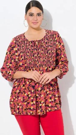 Ulla Popken Tunika Smok-Bluse Patchdruck A-Linie Rundhals 3/4-Arm