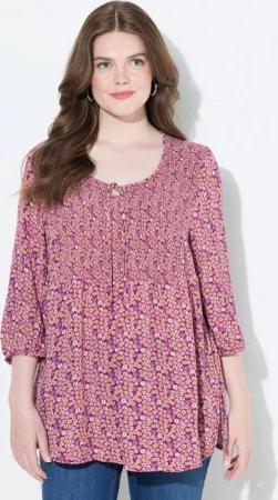 Ulla Popken Tunika Smokbluse Blüten A-Linie Rundhals 3/4-Arm