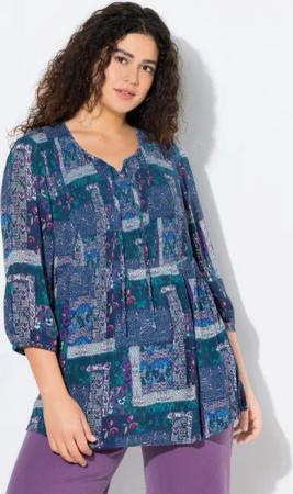 Ulla Popken Tunika Smokbluse Patchlook A-Linie Rundhals 3/4-Arm