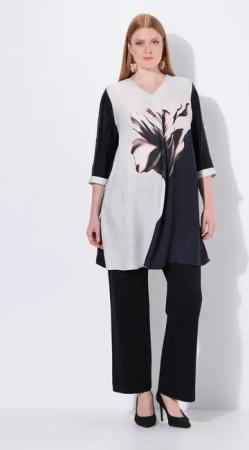 Ulla Popken Tunika Tunika Blüte Zierfalte V-Ausschnitt 3/4-Arm