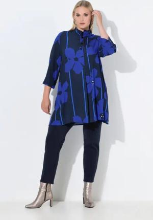 Ulla Popken Tunika Tunika Blüten A-Linie Stehkragen 3/4-Arm