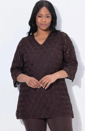 Ulla Popken Tunika Tunika Lochstickerei A-Linie V-Ausschnitt 3/4-Arm