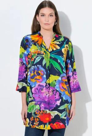 Ulla Popken Tunika Tunika Stehkragen V-Ausschnitt Zierfalte 3/4-Arm