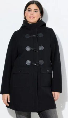 Ulla Popken Wintermantel Dufflecoat A-Linie Wolloptik Knebelknöpfe Kapuze