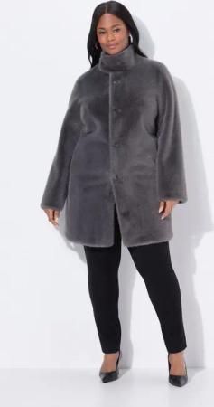 Ulla Popken Wintermantel Kunstfellbesatz-Kurzmantel A-Linie Stegkragen Druckknöpfe