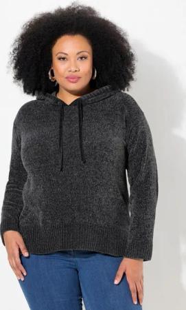 Ulla Popken Wollpullover Chenille-Hoodie Kapuze Kordel Langarm