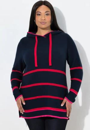 Ulla Popken Wollpullover Pullover Ringel Farbakzente Kapuze Langarm