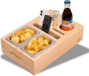 UNUS HOME Tablett Couchbar Sofatablett mit Getränkehalter mit Snackschalen, (Couchbar 40x26x10cm(LxBxH) inklusive Flaschenöffner), Bambusholz Snackbox Organizer Sofatablett Getränkehalter Snackschalen