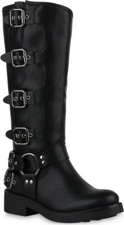 VAN HILL 840848 Stiefel Damen Leicht Gefütterte Bikerstiefel Schnallen Nieten