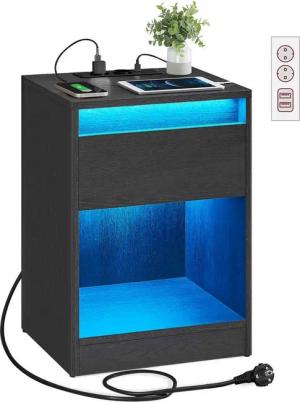 VASAGLE Nachttisch (1-St), mit einstellbarer LED-Beleuchtung, Beistelltisch mit Steckdosen