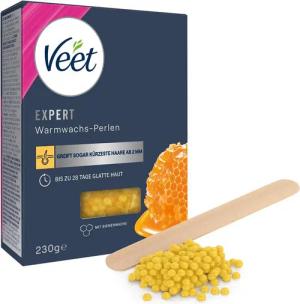 Veet Enthaarungswachs Expert Warmwachs-Perlen 230g für Arme, Beine, Achseln & Bikinizone, Für Anwendung mit elektrischen Warmwachsgeräten, mit Bienenwachs & Holzspatel