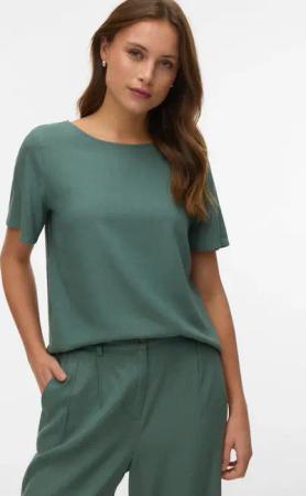 Vero Moda Blusenshirt "VMMYMILO SS O-NECK TOP WVN GA" mit Leinen