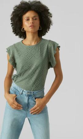 Vero Moda Rundhalsshirt "VMTASSA SL FRILL TOP NOOS" Materialmix, loose fit