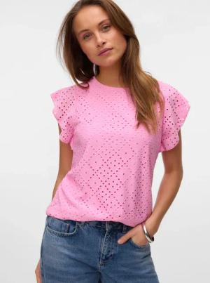 Vero Moda Rundhalsshirt "VMTASSA SL FRILL TOP NOOS" Materialmix, loose fit