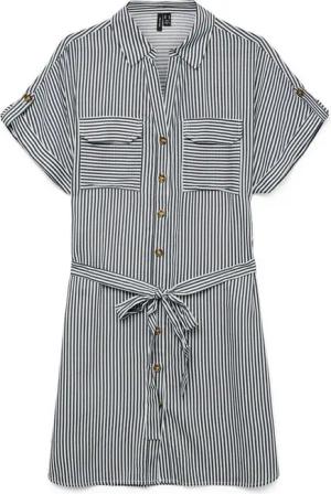 Vero Moda Shirtkleid Gestreiftes Hemdkleid mit Taillenband und Knöpfen (lang) VMBUMPY SS SHORT SHIRT DRESS WVN GA NOOS